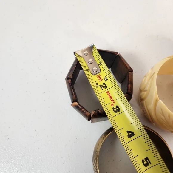 Vintage Brass Wood Bangle Bracelet Set Floral Roses Boho Bohemian Jewlery 1970s - Picture 10 of 11